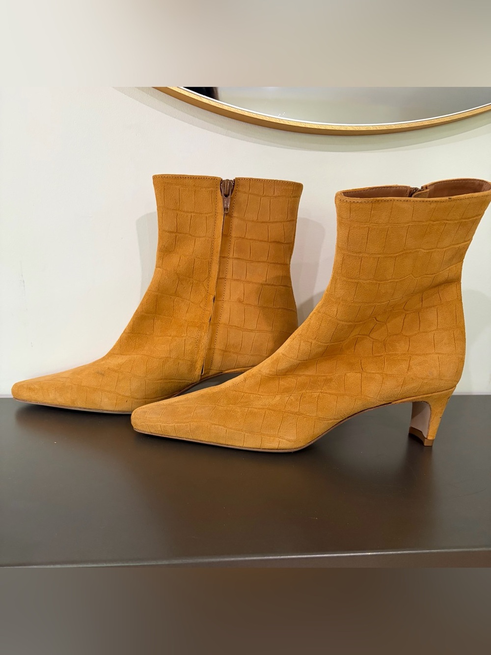 STAUD Tan Croc-Embossed Suede Ankle Wally Boots